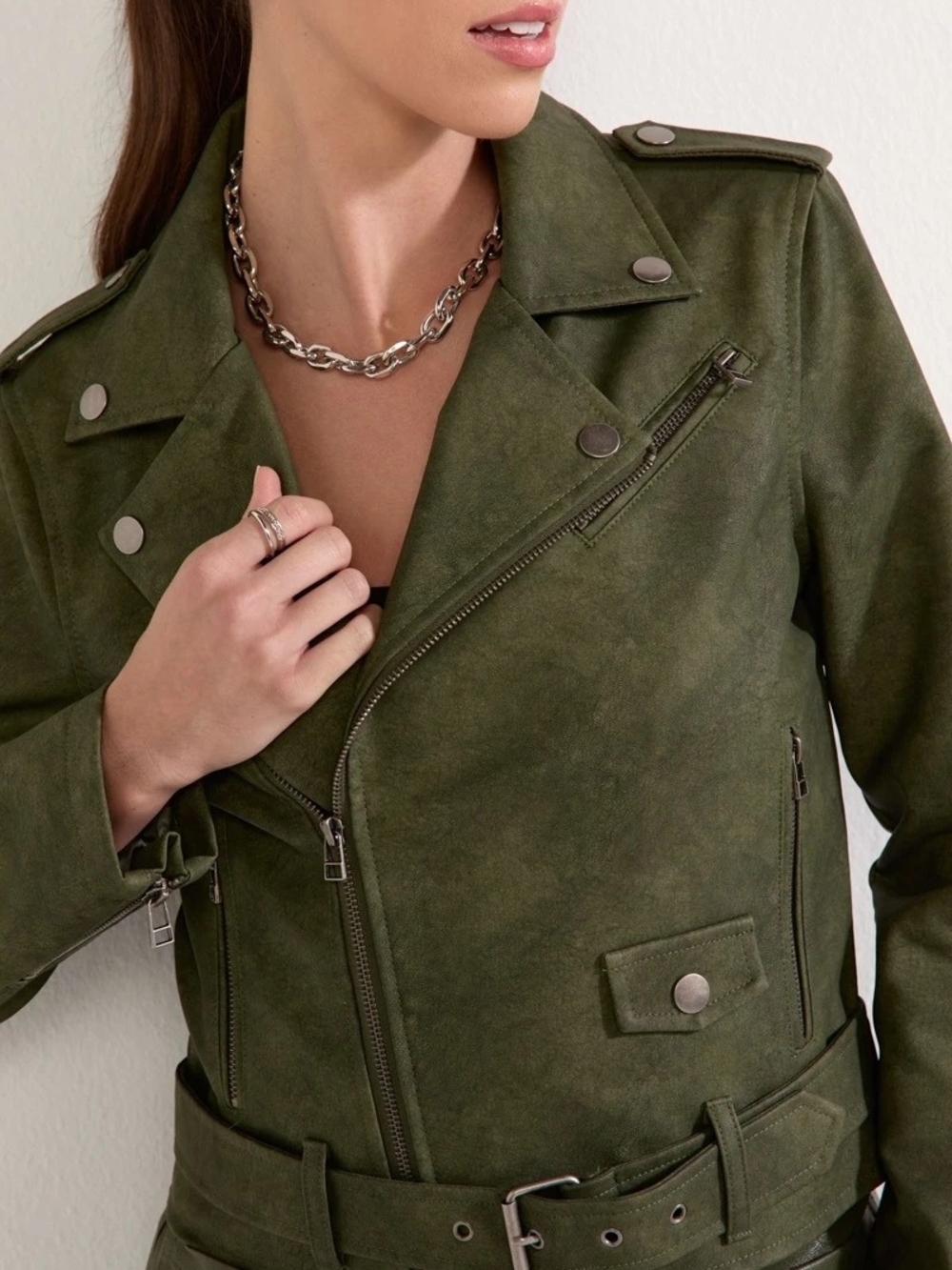 Stoosh Olive Green Faux Suede Moto Jacket with Belt